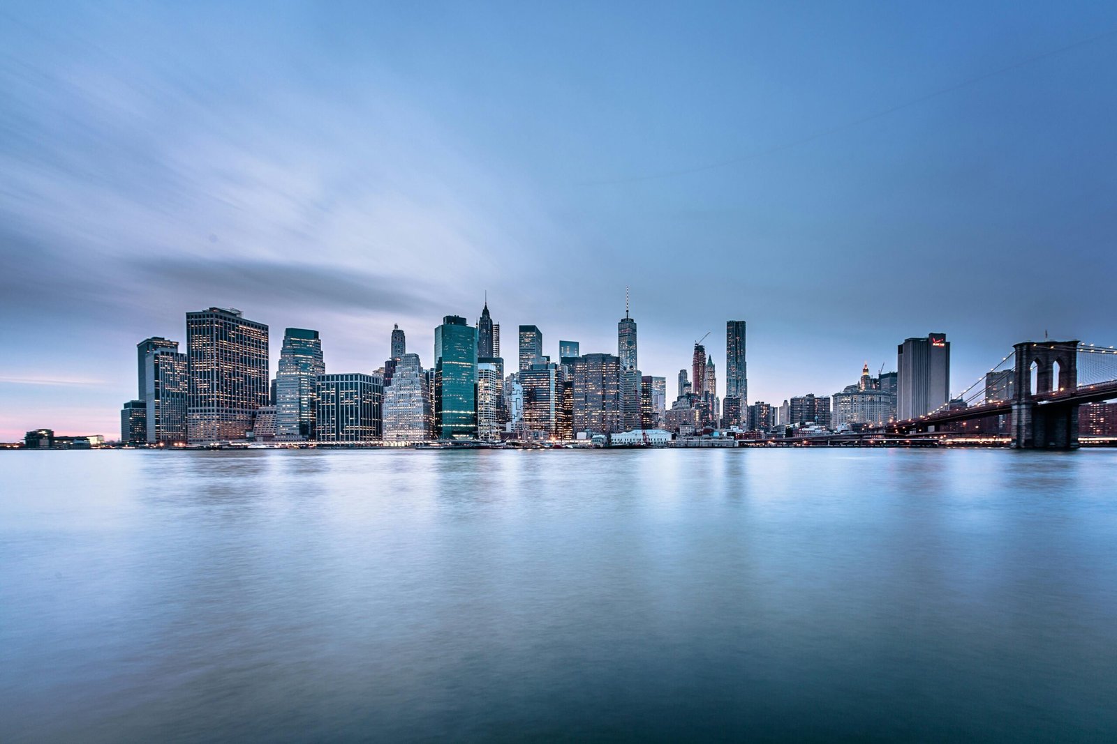 Panoramic view of the New York City skyline along the Hudson River
